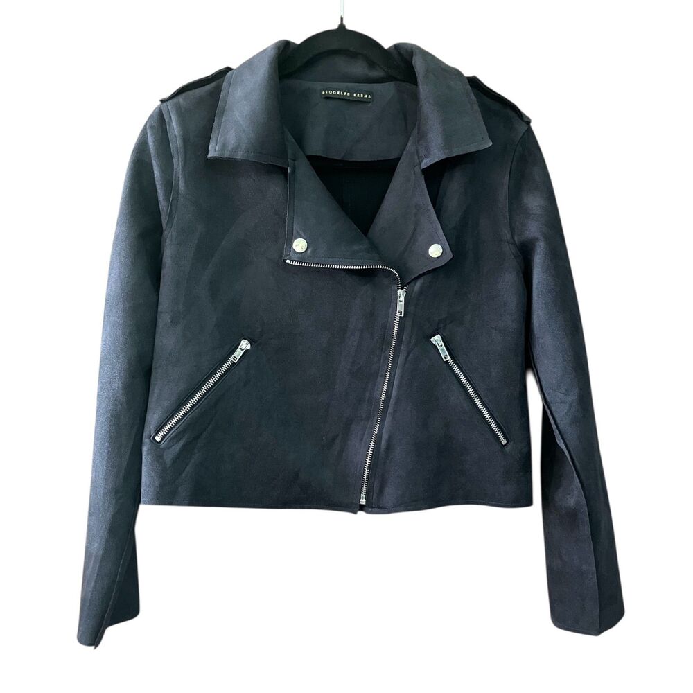 Brooklyn Karma zip front lightweight faux suede cropped moto jacket